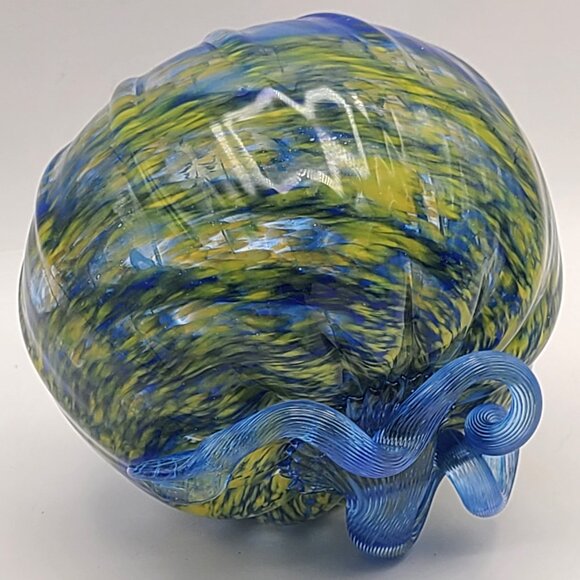 John Fenton Art Glass Pumpkin Blue Yellow Frit Appears Greenish 2014 4 1/2" Dm - Picture 6 of 11